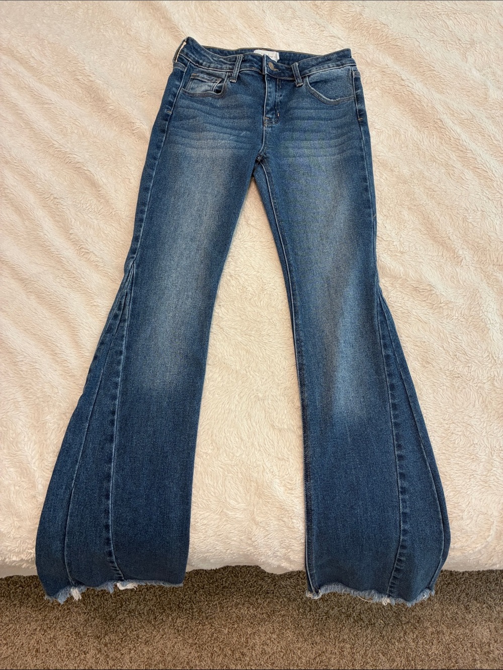 JellyJeans Dark Medium Wash Flare Jeans with Frayed Hem